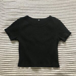 Ribbed Crew Neck Short-Sleeve Cropped T-Shirt, Black